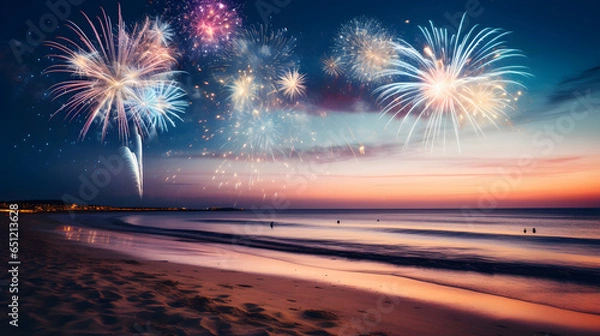 Fototapeta colorful fireworks on sandy beach generated with ai