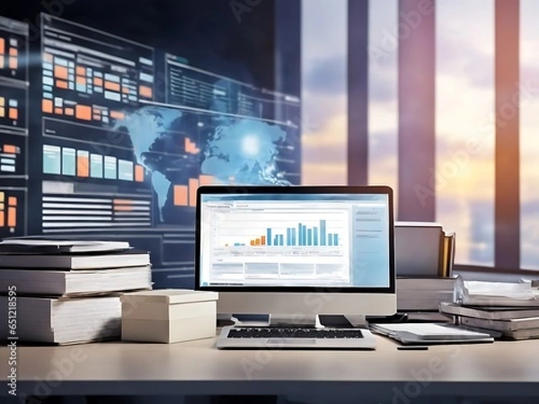 Fototapeta Computer laptop and dashboard for Data document Manage