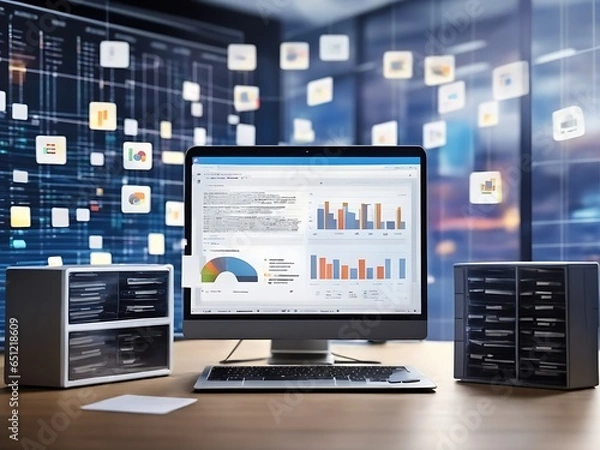 Fototapeta Computer laptop and dashboard for Data document Manage