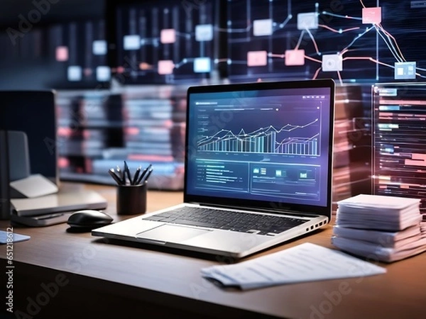 Fototapeta Computer laptop and dashboard for Data document Manage