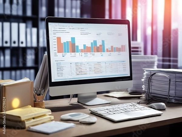 Fototapeta Computer laptop and dashboard for Data document Manage