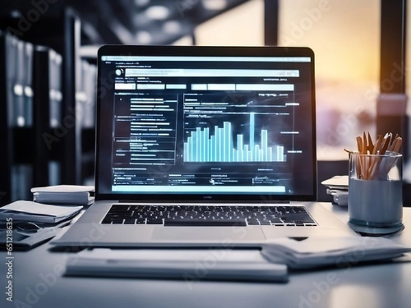 Fototapeta Computer laptop and dashboard for Data document Manage