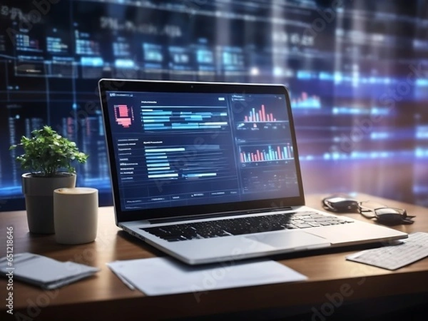 Fototapeta Computer laptop and dashboard for Data document Manage