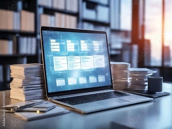 Fototapeta Computer laptop and dashboard for Data document Manage
