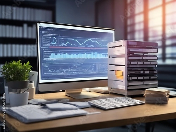 Fototapeta Computer laptop and dashboard for Data document Manage