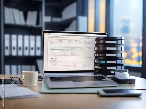 Fototapeta Computer laptop and dashboard for Data document Manage
