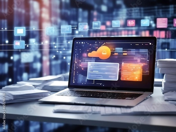 Obraz Computer laptop and dashboard for Data document Manage