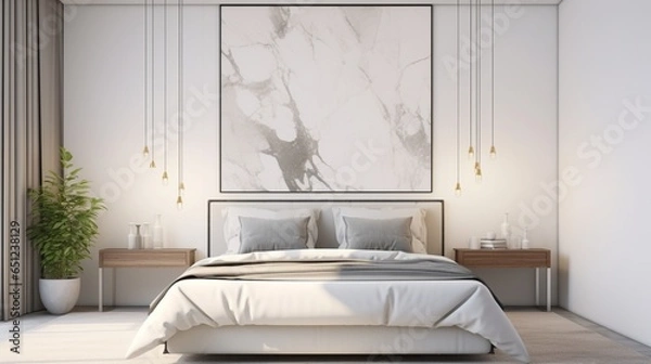 Fototapeta A polished marble wall enhances the timeless design of a modern bedroom with a mockup poster blank frame.