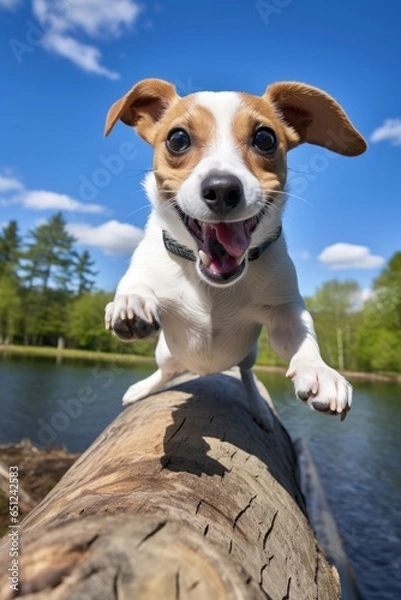 Fototapeta Mischievous terrier is caught mid-jump while jumping over a log during an outdoor adventure