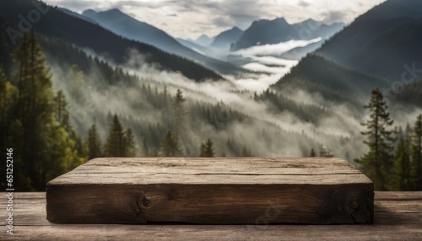 Obraz Empty Blank Rustic Old Wooden Podium Platform Stand Misty Mountains View Foggy Spruce Forest Nature Background National Park Landscape Backdrop Outdoors Mockup Product Display Showcase Montage Natural