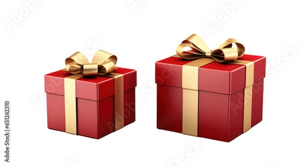 Fototapeta Red gift box with golden ribbon, isolated on transparent background, generative ai