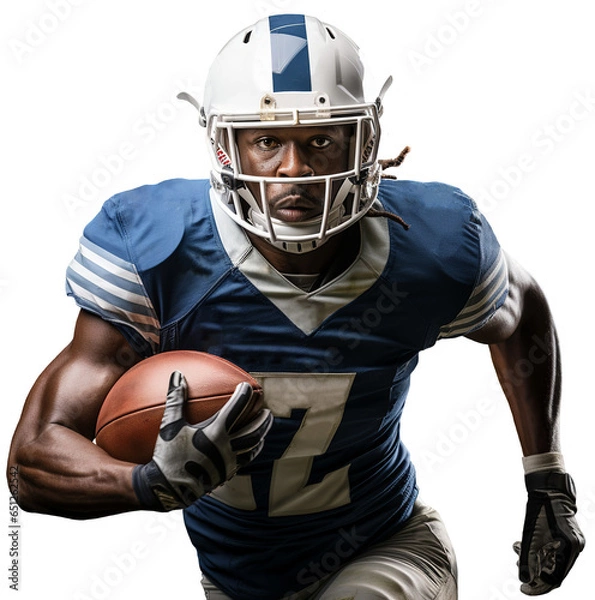 Fototapeta A black American football player with dreadlocks in a white and blue helmet and uniform runs with a ball in his right hand. Isolated by transparent background