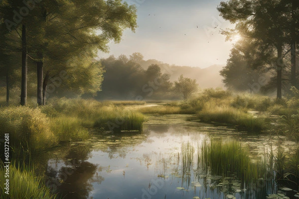 Fototapeta visual representation of nature-based solutions, such as restored wetlands, to mitigate climate change, environment concept, generative ai