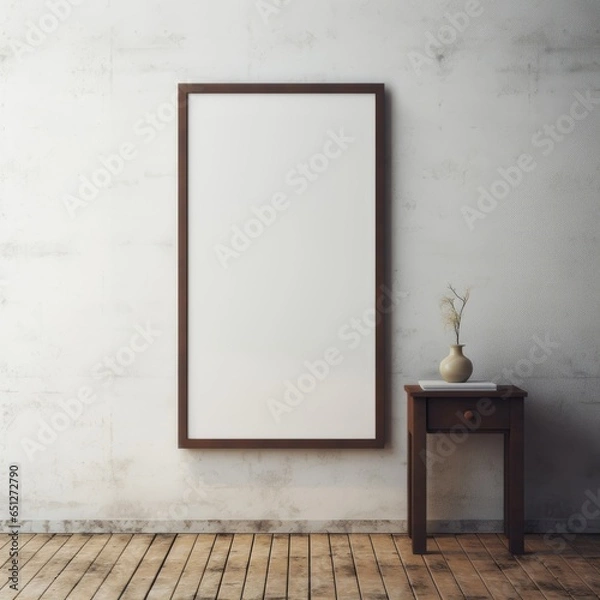 Fototapeta Picture frame mockup, vertical black frame, hanging on a concrete wall, aspect ratio 9:16, wodden floor