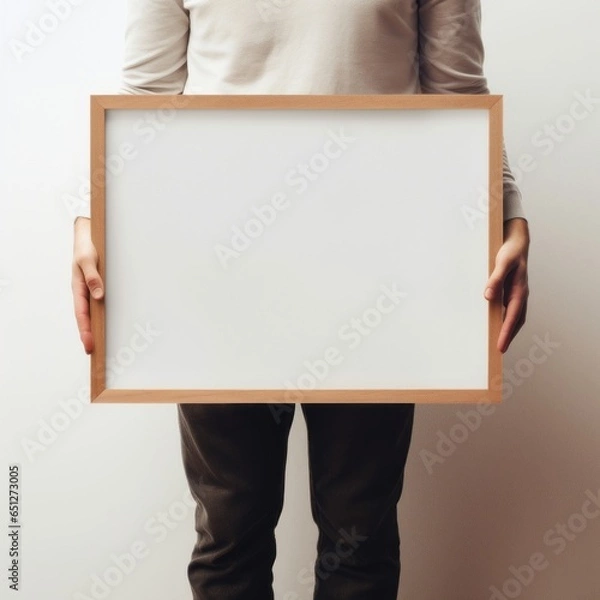 Fototapeta Picture frame mockup, horizontal wodden frame, held by a person, white wall, aspect ratio 4:3
