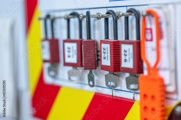 Fototapeta Safety Lockout tagout station with hanging locks with keys