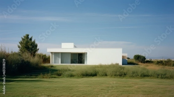 Fototapeta Minimalist house in hi-tech style on a sunny day. Generative AI