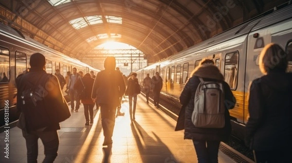 Obraz Crowded train station platform with a bustling atmosphere. People hurry to board and disembark trains under natural lighting. Urban commuters and travelers in motion during rush hour.