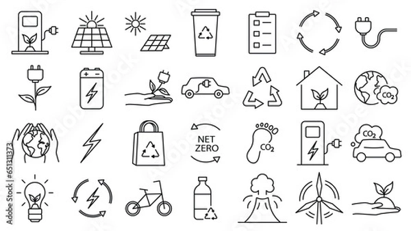 Fototapeta Icon collection with zero emission symbol concept. greenhouse gas carbon credit design set. protect ecological green vector outline. carbon net zero neutral natural. carbon footprint art pictogram