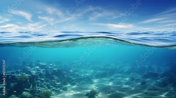 Obraz Split view horizon of blue sky with clouds and sunlight and blue underwater ocean. Breathtaking Oceanic Panorama - with copy space to insert ads.