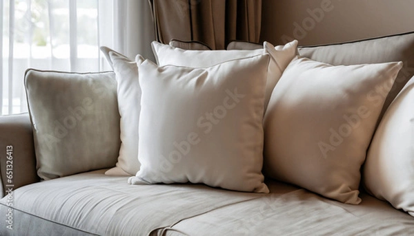 Fototapeta sofa and different kind of pillows. Generated with AI.