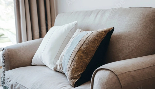 Fototapeta sofa and different kind of pillows. Generated with AI.