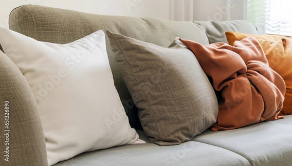 Fototapeta sofa and different kind of pillows. Generated with AI.