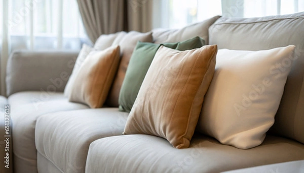 Fototapeta sofa and different kind of pillows. Generated with AI.