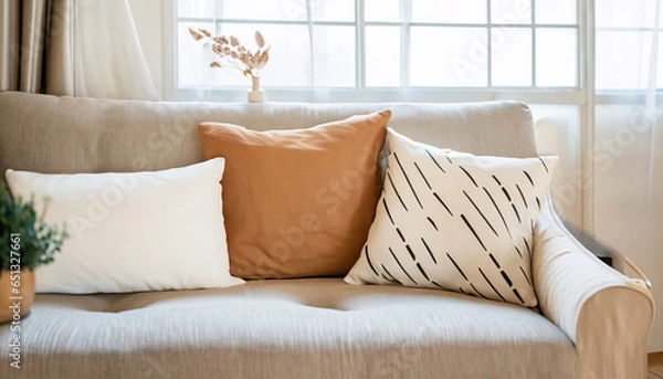 Fototapeta sofa and different kind of pillows. Generated with AI.