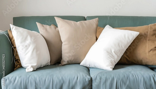 Fototapeta sofa and different kind of pillows. Generated with AI.