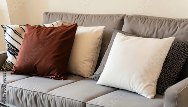 Fototapeta sofa and different kind of pillows. Generated with AI.
