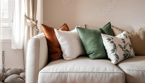 Fototapeta sofa and different kind of pillows. Generated with AI.