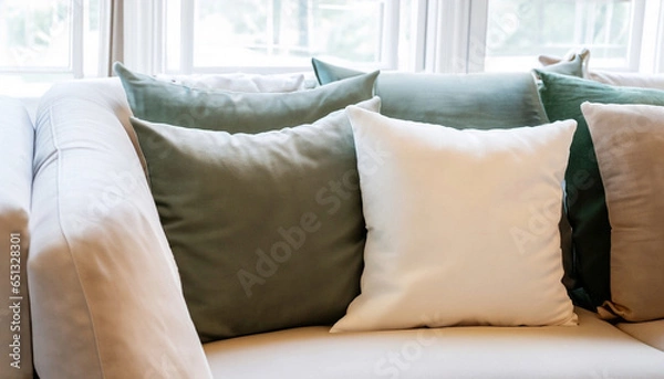Fototapeta sofa and different kind of pillows. Generated with AI.