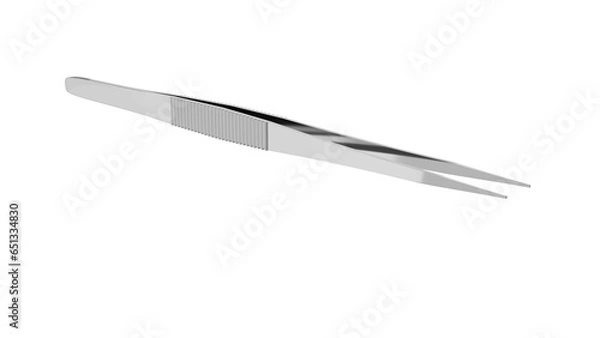 Fototapeta Steel sharp medical tweezers isolated on transparent and white background. Tweezers concept. 3D render