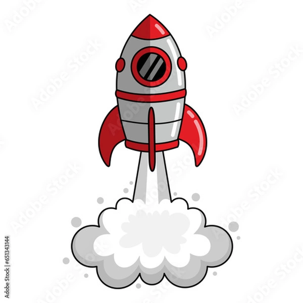 Fototapeta Cartoon space rocket launch. Spacecraft takes off. Vector illustration of space ship taking off. Isolated cartoon spaceship on white background. Colored clipart on a cosmos theme.