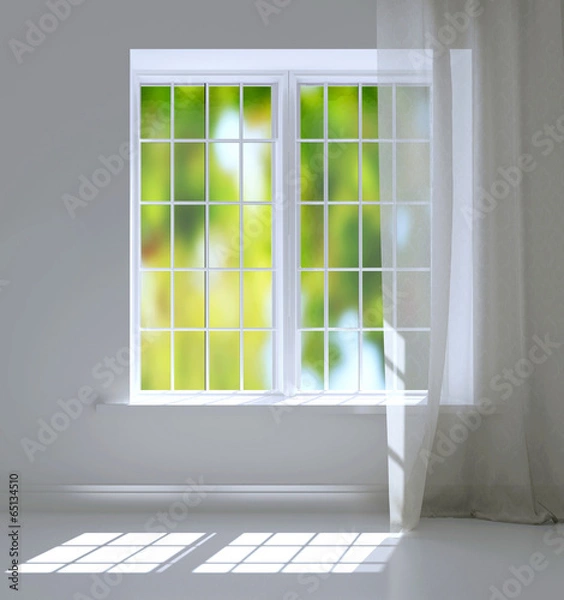 Obraz Modern residential window with trees behind. Empty white room.