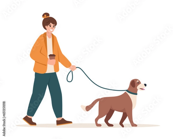 Fototapeta Young woman walking with dog. Girl with cute dog on leash. Pet and owner spending time together, everyday outdoor activity, healthy lifestyle concept. Vector flat illustration isolated on white.