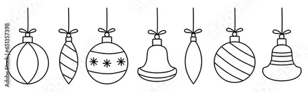 Obraz Set of Christmas tree decoration toys, doodle style flat vector outline for coloring book