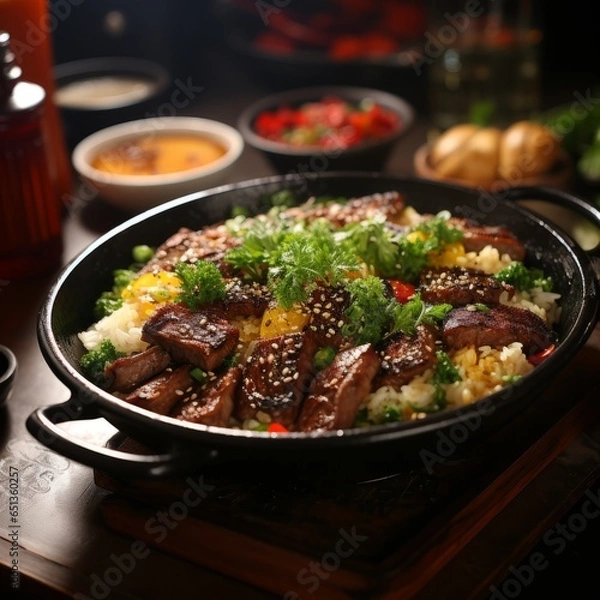 Fototapeta A delicious serving of wagyu beef over fried rice.  Generative AI. 