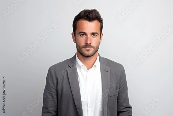 Obraz Medium shot portrait photography of a tender French man in his 30s against a white background