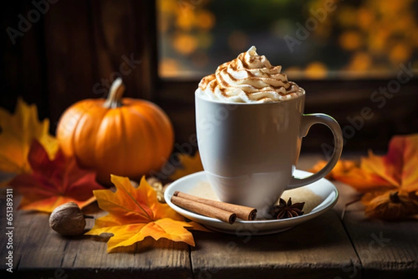 Obraz pumpkin spice late surrounded by fall decor