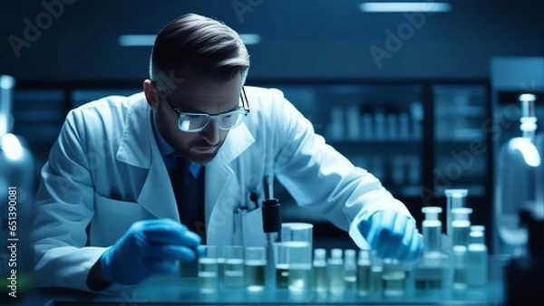 Fototapeta Researcher working in a laboratory. Medical tests background