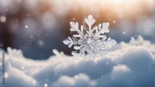 Fototapeta Snowflake On Natural Snowdrift Close Up - Christmas And Winter Background