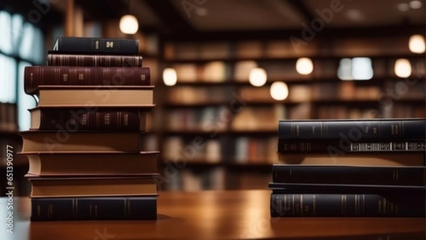 Fototapeta Stack of books on wooden table and blurred bookshelf in library room