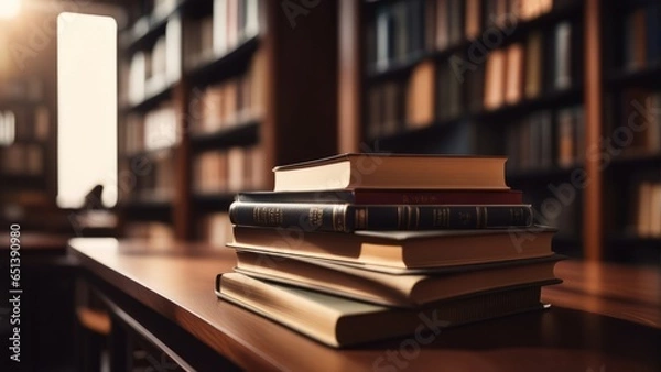 Fototapeta Stack of books on wooden table and blurred bookshelf in library room
