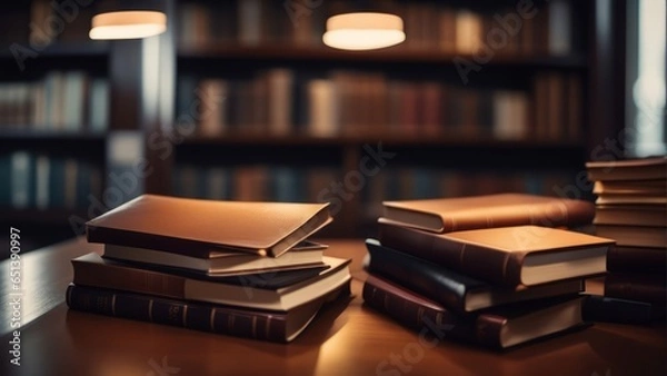 Fototapeta Stack of books on wooden table and blurred bookshelf in library room