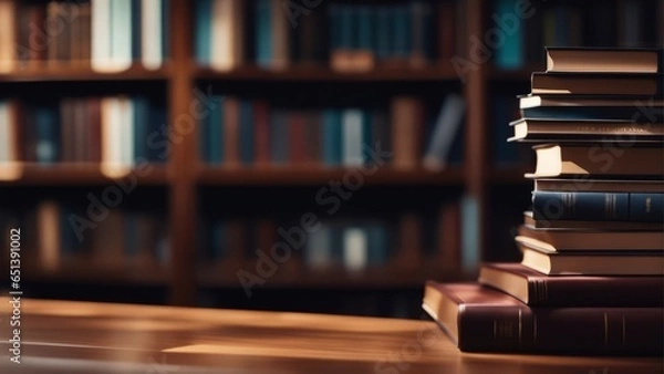Fototapeta Stack of books on wooden table and blurred bookshelf in library room