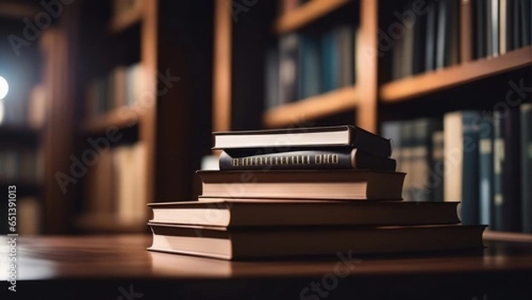 Fototapeta Stack of books on wooden table and blurred bookshelf in library room