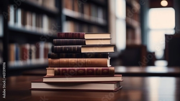 Fototapeta Stack of books on wooden table and blurred bookshelf in library room