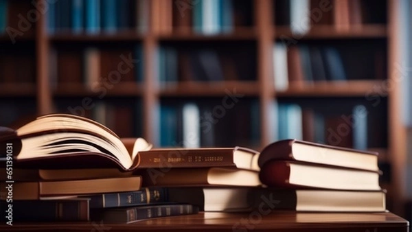 Fototapeta Stack of books on wooden table and blurred bookshelf in library room